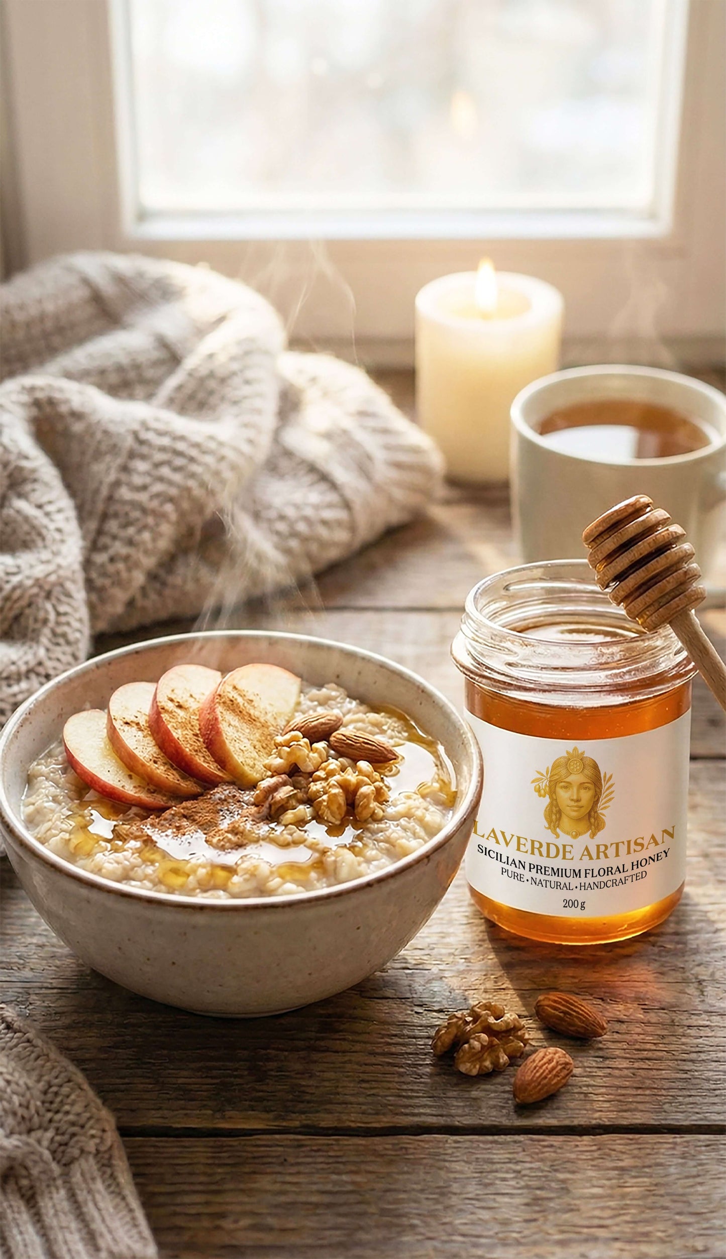 Raw Sicilian Honey 200g drizzled over warm oatmeal — Laverde Artisan pure unfiltered Sicilian honey served with hot tea on a cold winter morning, perfect for a cosy breakfast.
