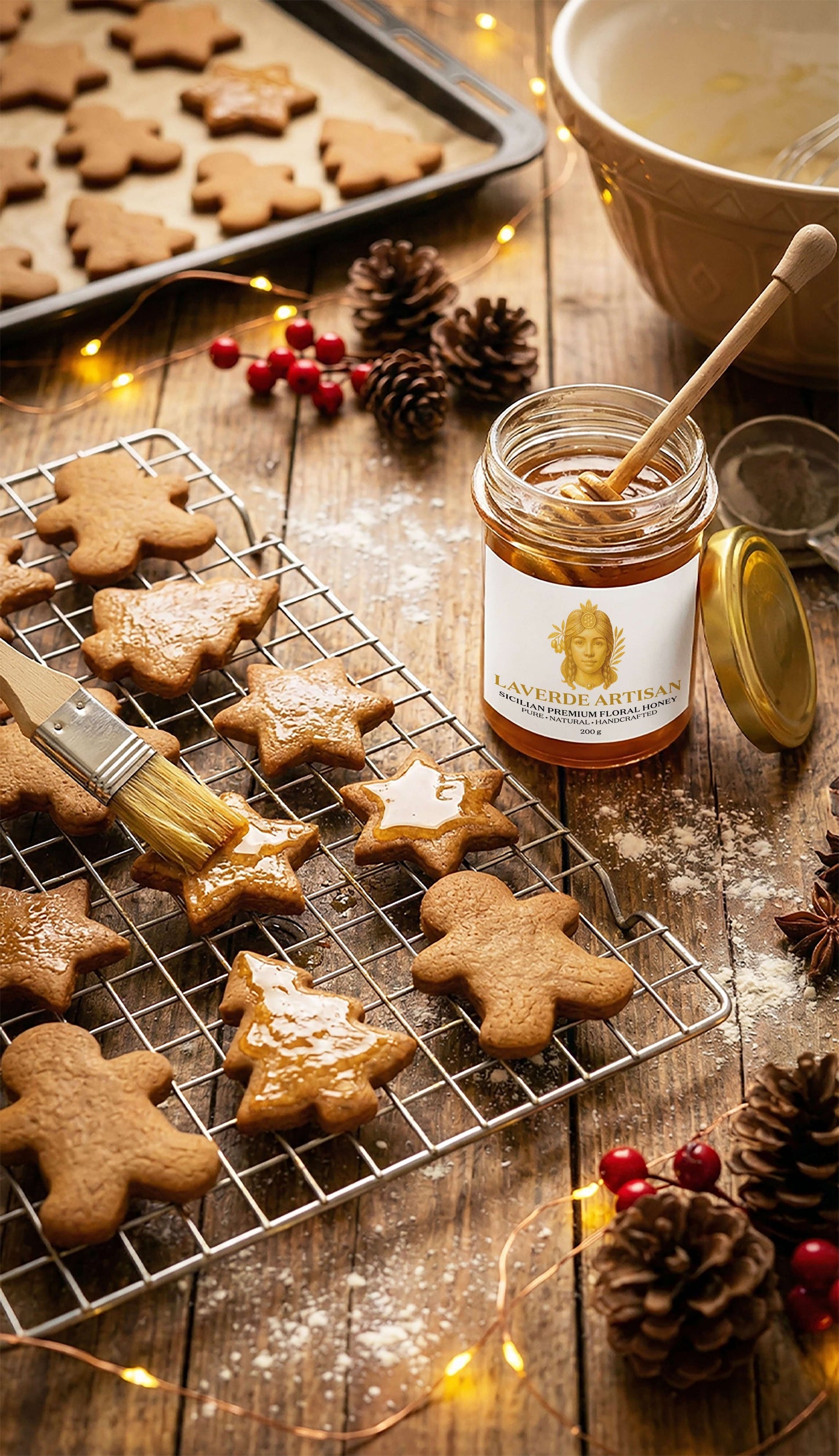 Raw Sicilian Honey 200g drizzled over ginger cookies — Laverde Artisan pure unfiltered Sicilian honey used by a child to sweeten Christmas biscuits on a festive baking rack.