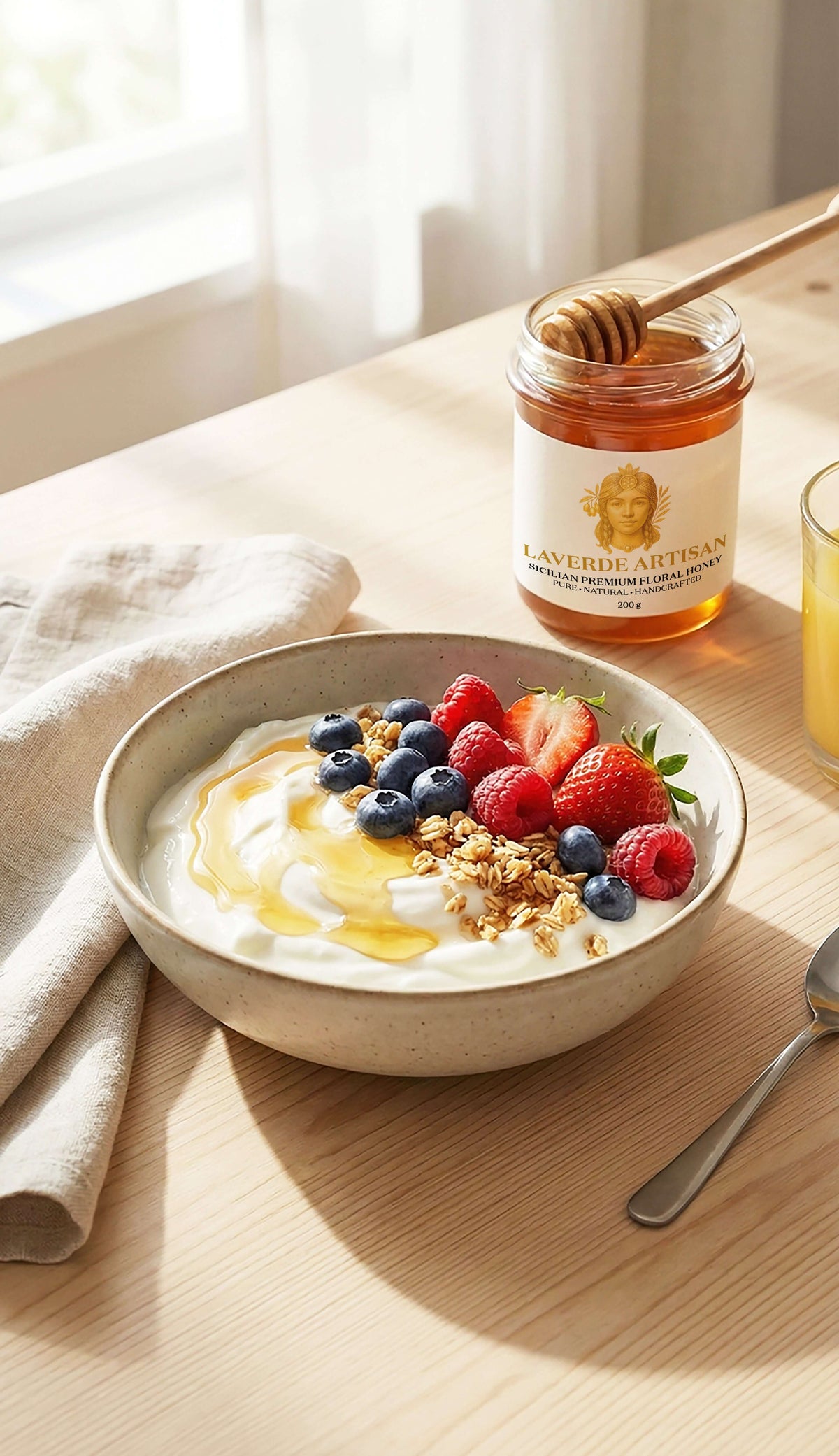 Raw Sicilian Honey 200g jar against a soft natural backdrop — LAVERDE Artisan pure unfiltered multifloral honey from central Sicily, premium artisan honey ready for gifting.