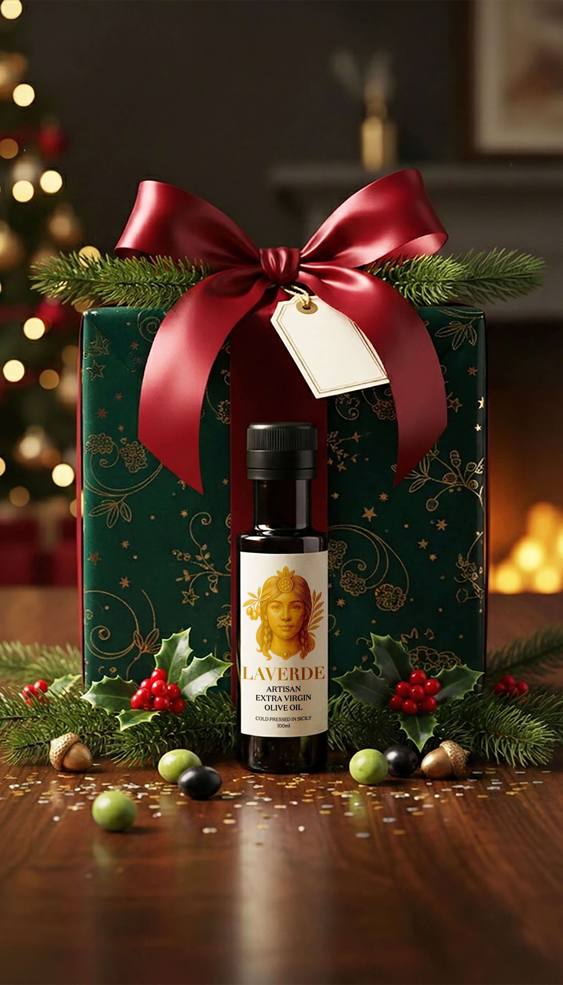 Mini Extra Virgin Olive Oil 100ml gift presentation — Laverde Artisan Sicilian cold-pressed EVOO wrapped with festive ribbon, premium Christmas gourmet gift set.