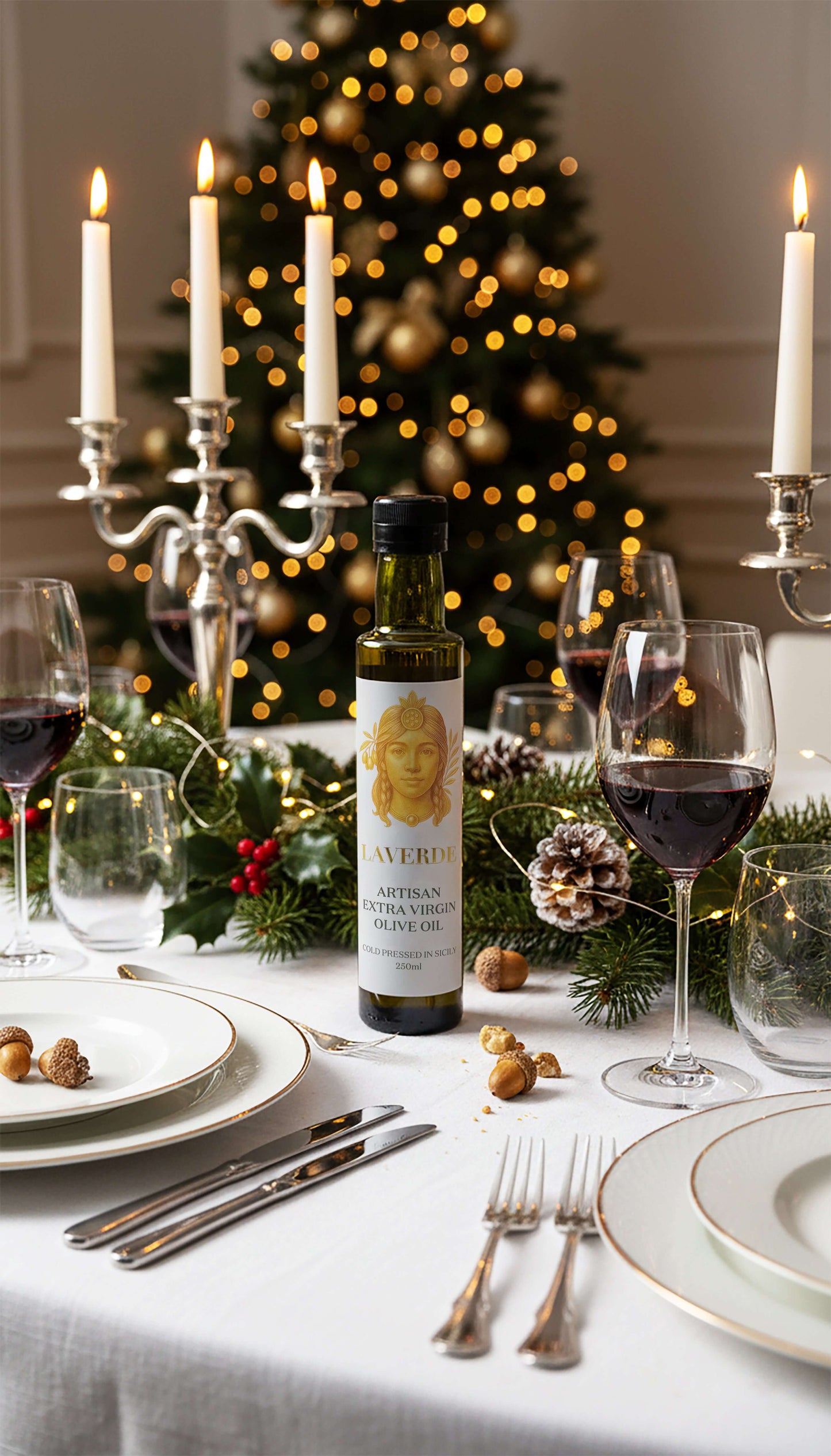 Sicilian Extra Virgin Olive Oil 250ml on a festive dining table with candles and holiday decor.