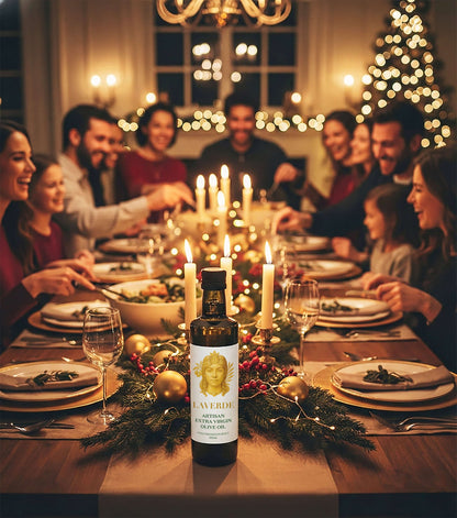 Sicilian Extra Virgin Olive Oil 500ml on a festive family Christmas table — Laverde Artisan cold-pressed Sicilian EVOO shared during a holiday dinner and seasonal family gathering.
