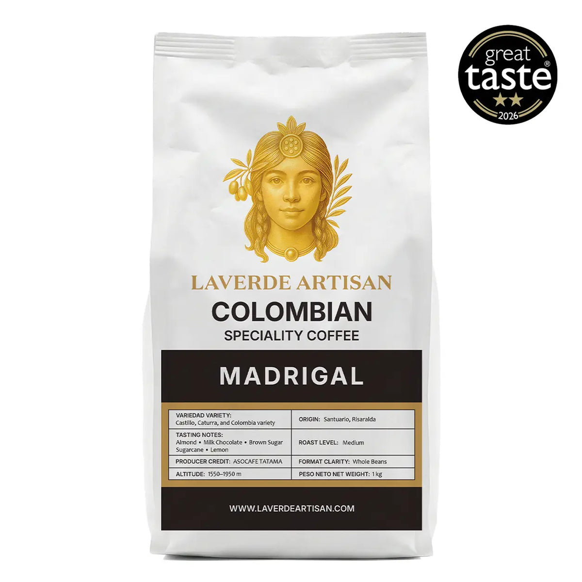 LAVERDE ARTISAN Madrigal Colombian specialty coffee 1kg whole beans — single-origin Risaralda, Great Taste 2026 2-star award