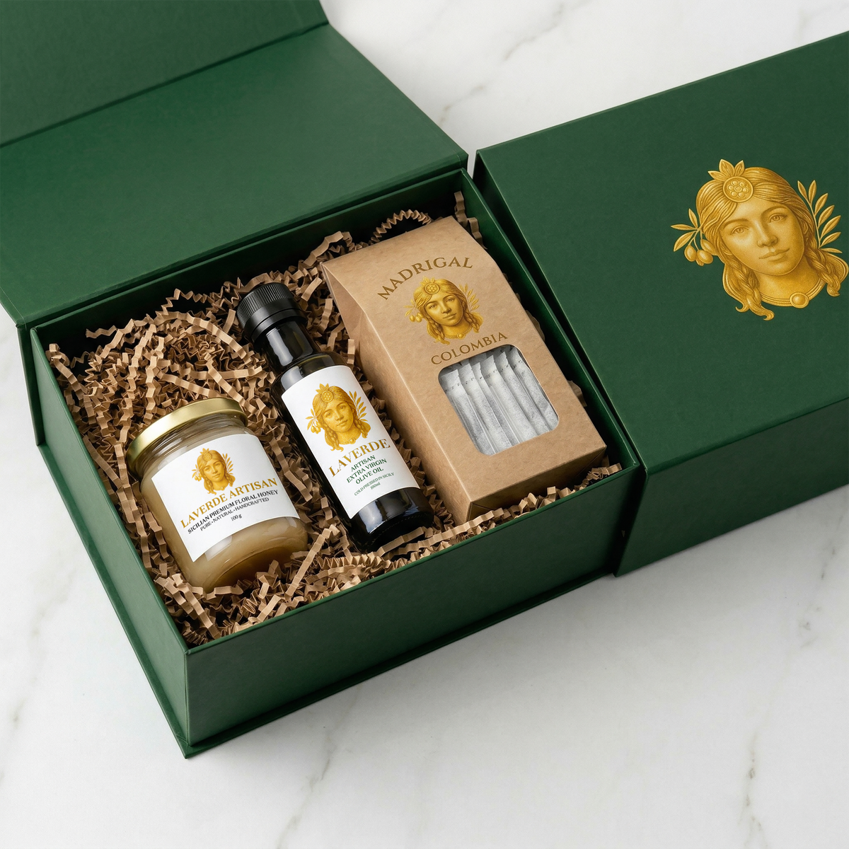 LAVERDE Welcome Pack signature green gift box — Sicilian Biancolilla extra virgin olive oil, raw Sicilian multifloral honey and Madrigal Colombian specialty drip coffee bags, premium corporate and wedding welcome gift