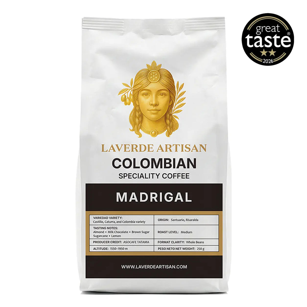 LAVERDE ARTISAN Madrigal Colombian specialty coffee 250g whole beans with Great Taste 2026 2-star award