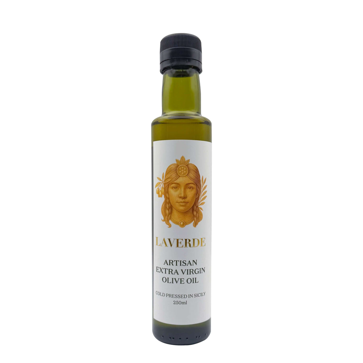 LAVERDE ARTISAN 250ml Sicilian Biancolilla extra virgin olive oil bottle — cold-pressed single-estate EVOO from central Sicily, premium dark glass bottle for gourmet cooking and gifting