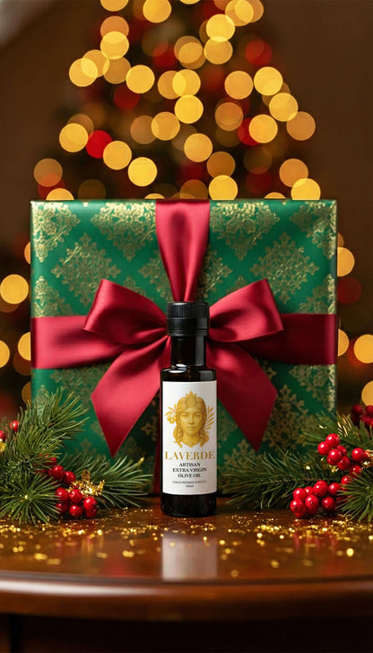 Mini Extra Virgin Olive Oil 100ml festive gift — Laverde Artisan Sicilian cold-pressed EVOO presented with holiday decorations, perfect premium Christmas and seasonal gifting.
