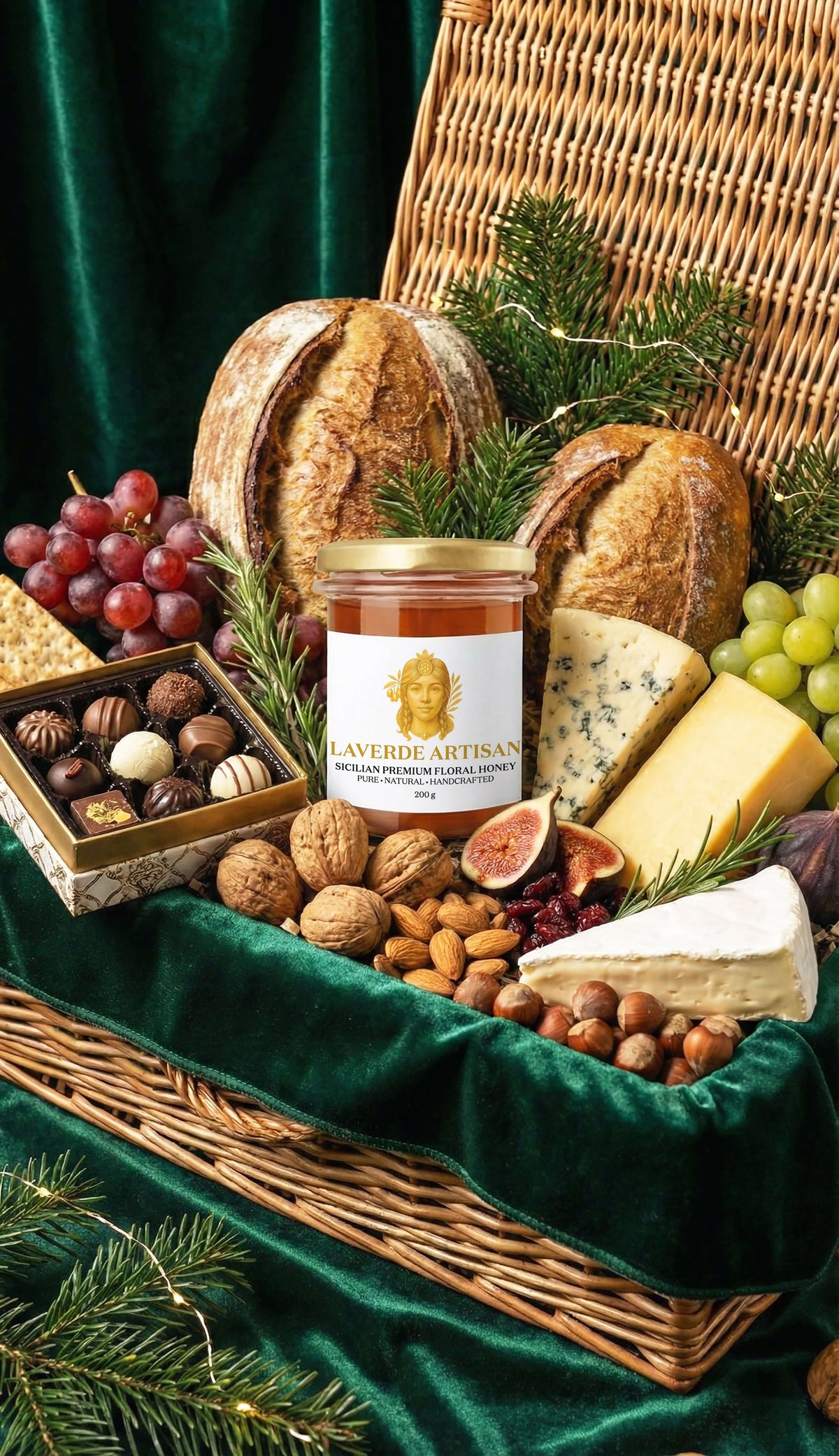 LAVERDE raw Sicilian honey 200g jar in a gourmet Christmas arrangement — unfiltered, unheated artisan honey for festive UK gifting