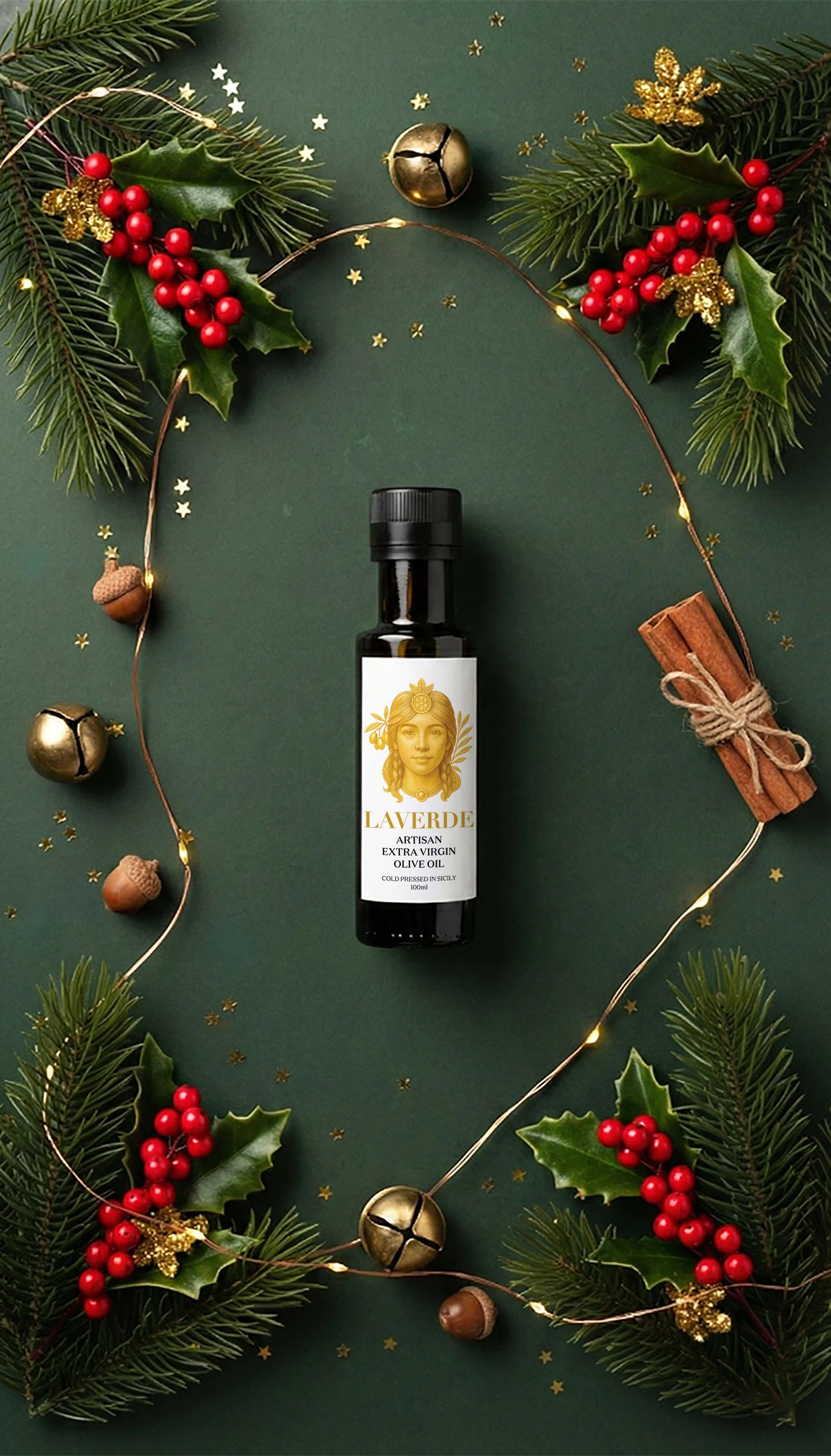 Mini Extra Virgin Olive Oil 100ml festive gift — Laverde Artisan Sicilian cold-pressed EVOO presented with holiday decorations, perfect premium Christmas and seasonal gifting.