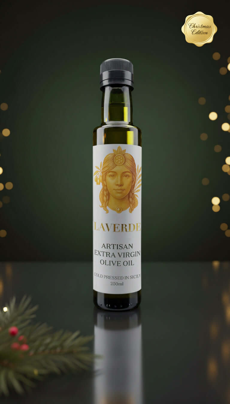 Sicilian Extra Virgin Olive Oil 250ml with festive Christmas background — Laverde Artisan cold-pressed Sicilian EVOO displayed in a premium holiday setting, perfect for gourmet seasonal gifting.