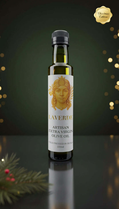 Sicilian Extra Virgin Olive Oil 250ml with festive Christmas background — Laverde Artisan cold-pressed Sicilian EVOO displayed in a premium holiday setting, perfect for gourmet seasonal gifting.