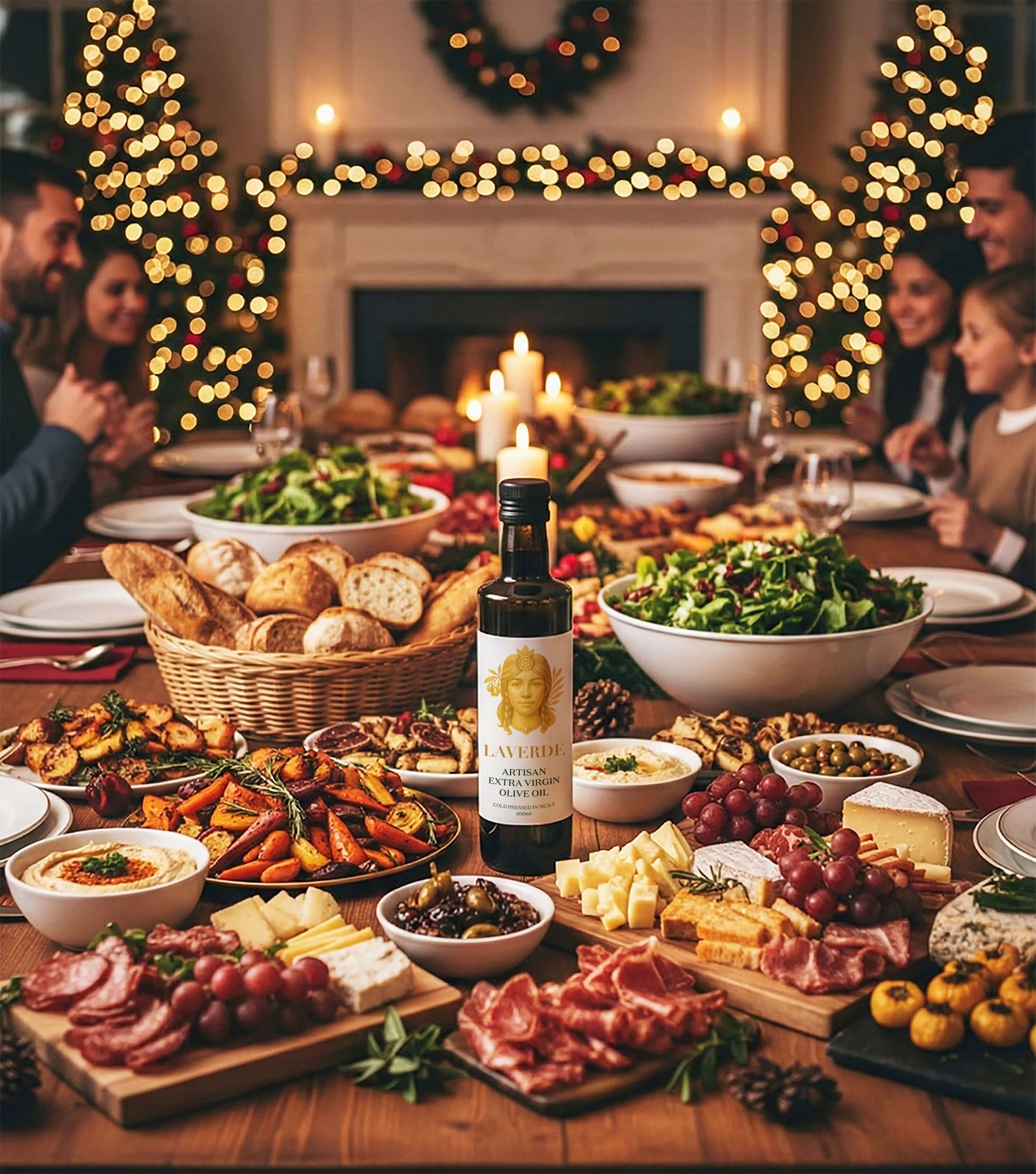 Sicilian Extra Virgin Olive Oil 500ml on a festive family dining table — Laverde Artisan cold-pressed Sicilian EVOO displayed as the centerpiece while the family enjoys a Christmas meal in the background.