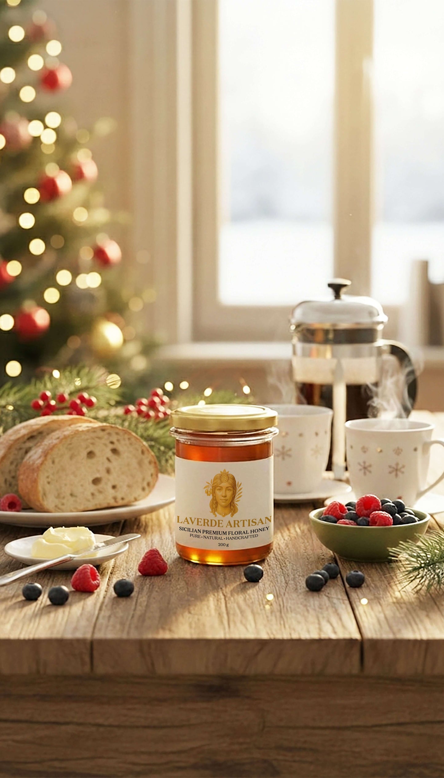 Raw Sicilian Honey 200g on a breakfast table — Laverde Artisan pure unfiltered Sicilian honey served with coffee and fresh bread, perfect for a warm and cosy morning meal.