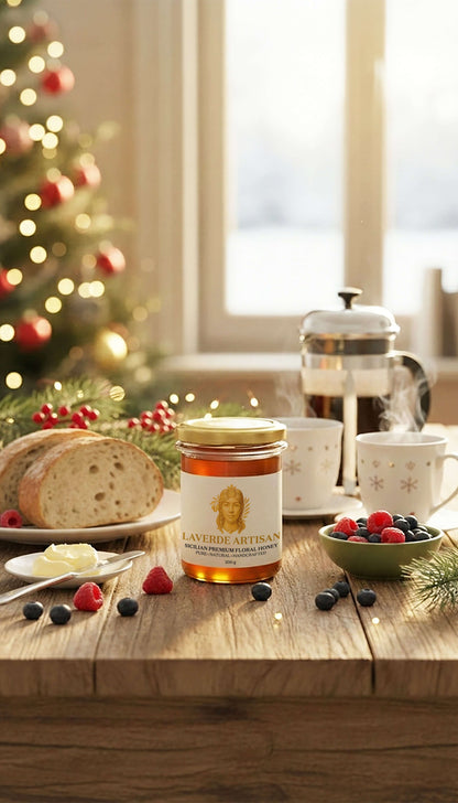 Raw Sicilian Honey 200g on a breakfast table — Laverde Artisan pure unfiltered Sicilian honey served with coffee and fresh bread, perfect for a warm and cosy morning meal.