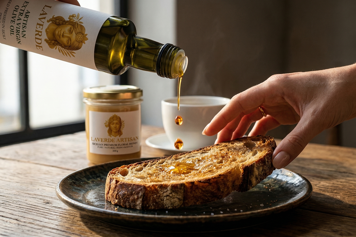 LAVERDE Welcome Pack styled with gourmet accompaniments — 100ml Sicilian EVOO, raw Sicilian honey and Madrigal Colombian specialty coffee in signature green box, a travel-friendly premium gourmet gift