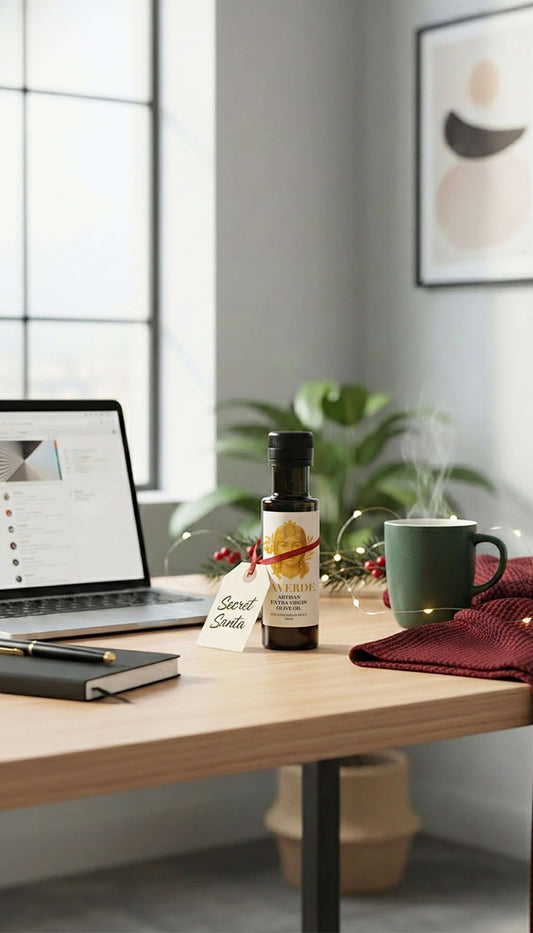 Mini Extra Virgin Olive Oil 100ml beside a Christmas place setting — LAVERDE Artisan Sicilian Biancolilla cold-pressed EVOO, individual gourmet gift for festive dinners.