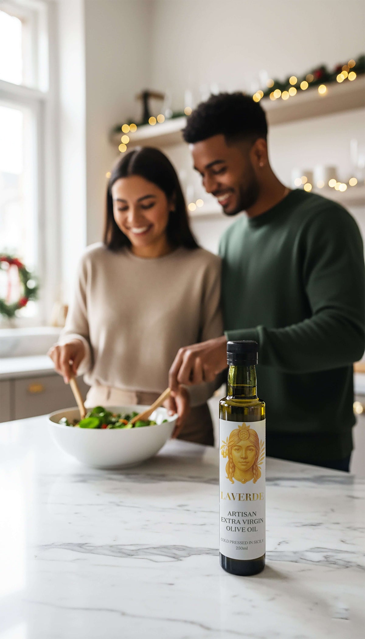 LAVERDE 250ml Sicilian extra virgin olive oil with festive holiday decor — premium Sicilian EVOO for Christmas gourmet hampers and gifting