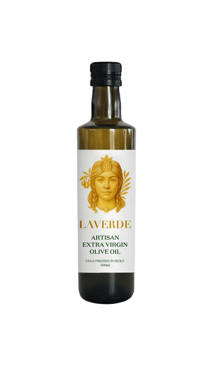 Sicilian Extra Virgin Olive Oil 500ml bottle — Laverde Artisan cold-pressed single-estate Sicilian EVOO, premium flavour ideal for gourmet cooking, dipping and Mediterranean dishes.