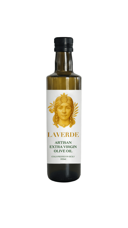 Sicilian Extra Virgin Olive Oil 500ml bottle — Laverde Artisan cold-pressed single-estate Sicilian EVOO, premium flavour ideal for gourmet cooking, dipping and Mediterranean dishes.