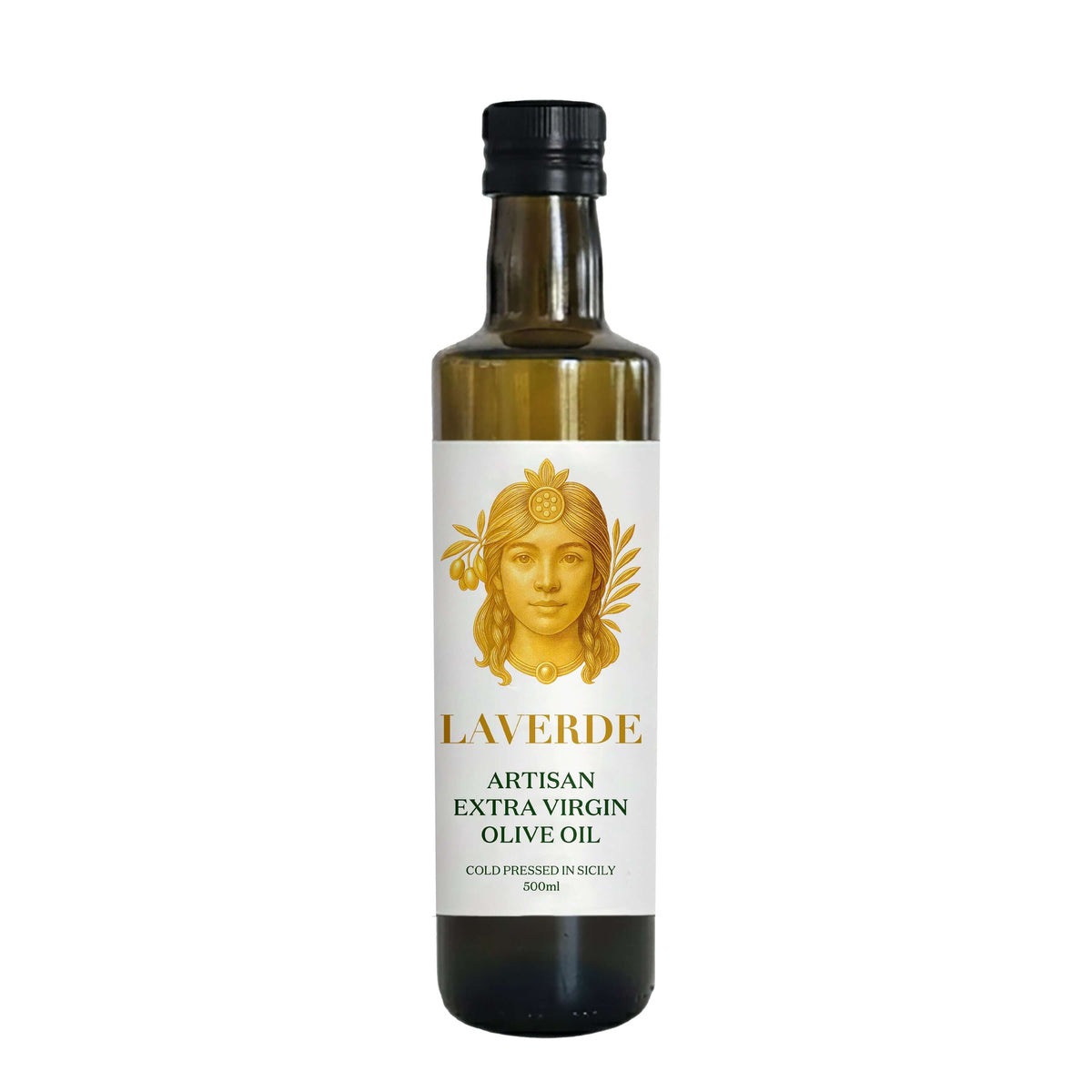 LAVERDE ARTISAN 500ml Sicilian Biancolilla extra virgin olive oil bottle — cold-pressed single-estate EVOO from central Sicily, family-size dark glass bottle for daily premium cooking