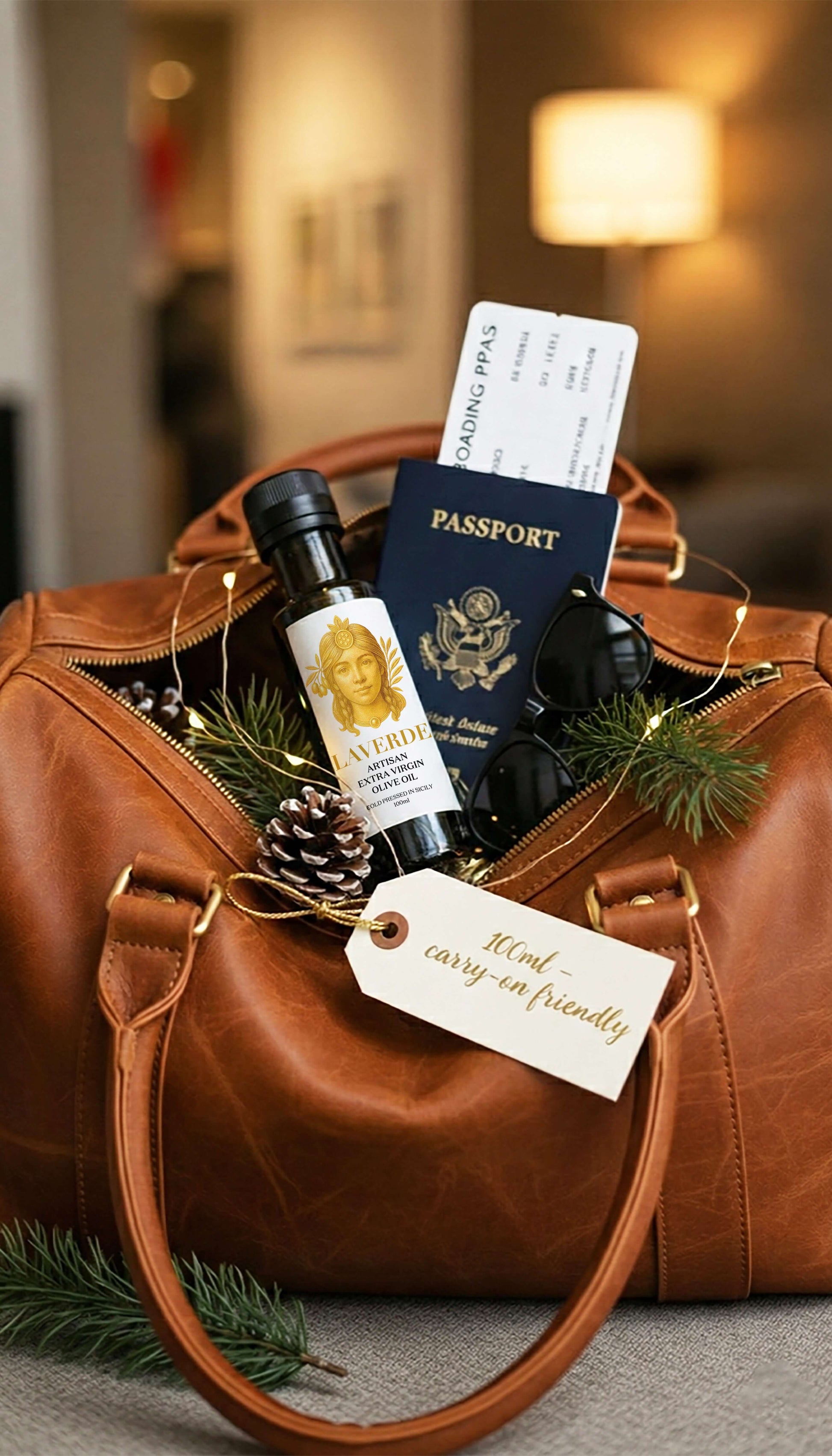 Mini Extra Virgin Olive Oil 100ml travel-size — Laverde Artisan Sicilian cold-pressed EVOO in a compact 100ml bottle, perfect for carry-on luggage, gourmet trips and lightweight packing.