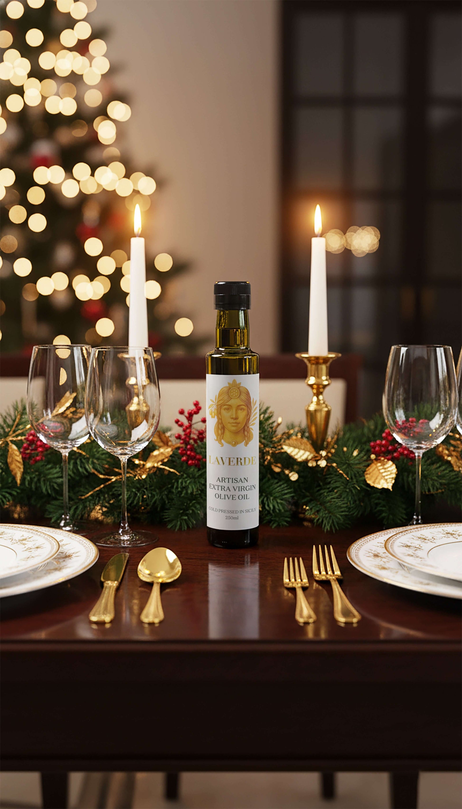 Sicilian Extra Virgin Olive Oil 250ml in a festive Christmas hamper — Laverde Artisan cold-pressed Sicilian EVOO presented with cheese, bread and wine, perfect gourmet holiday gifting.