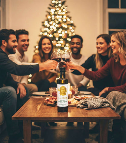 Sicilian Extra Virgin Olive Oil 500ml on a festive table with friends — Laverde Artisan cold-pressed Sicilian EVOO served alongside wine and small gourmet appetisers during a holiday gathering.