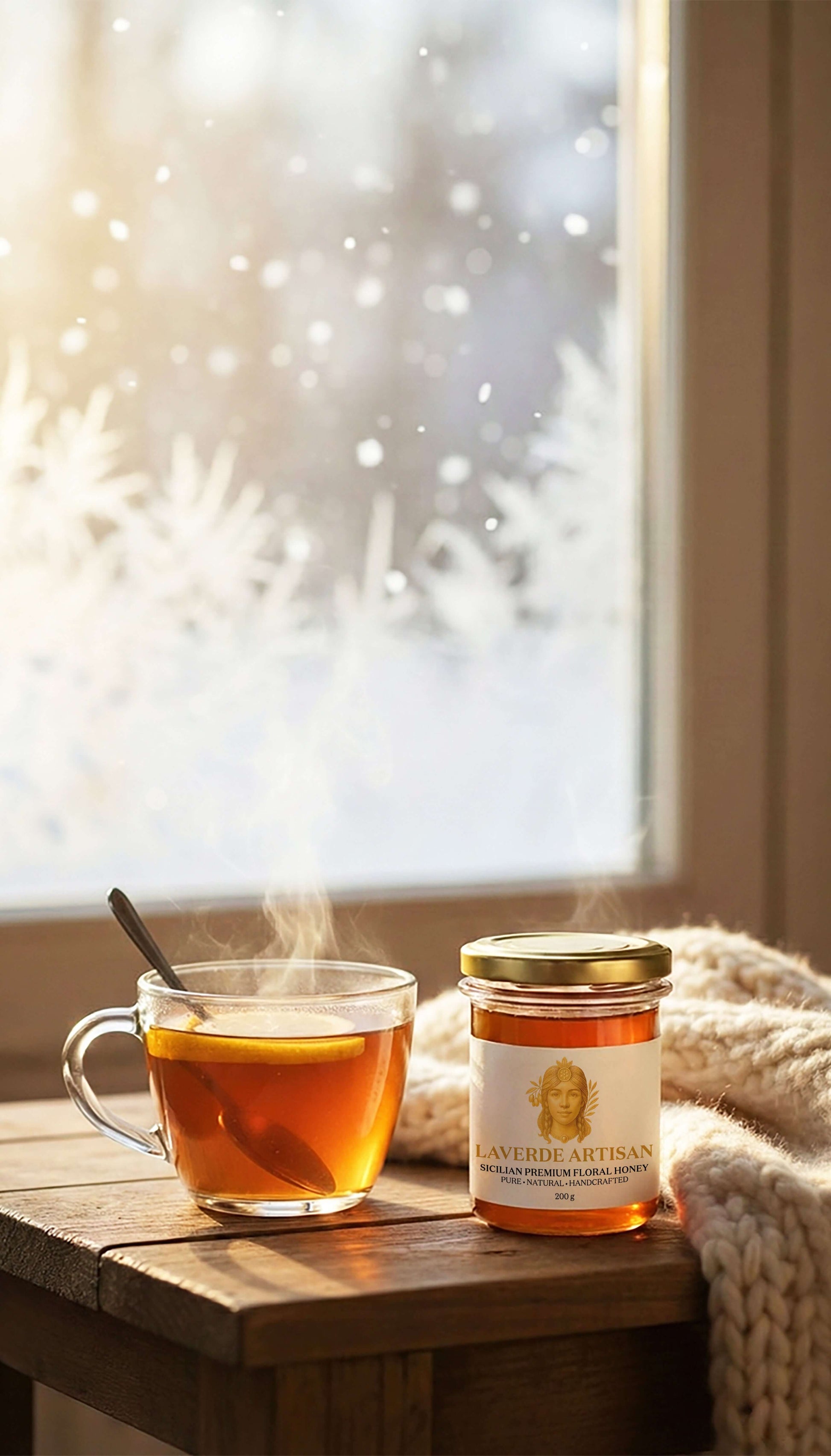 Raw Sicilian Honey 200g on a winter table with hot tea — Laverde Artisan pure unfiltered Sicilian honey, the perfect companion for cold days and warm cosy moments.