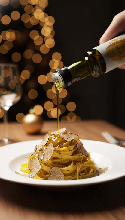 Sicilian Extra Virgin Olive Oil 250ml poured over truffle pasta — Laverde Artisan cold-pressed Sicilian EVOO adding premium flavour to a festive gourmet dish.