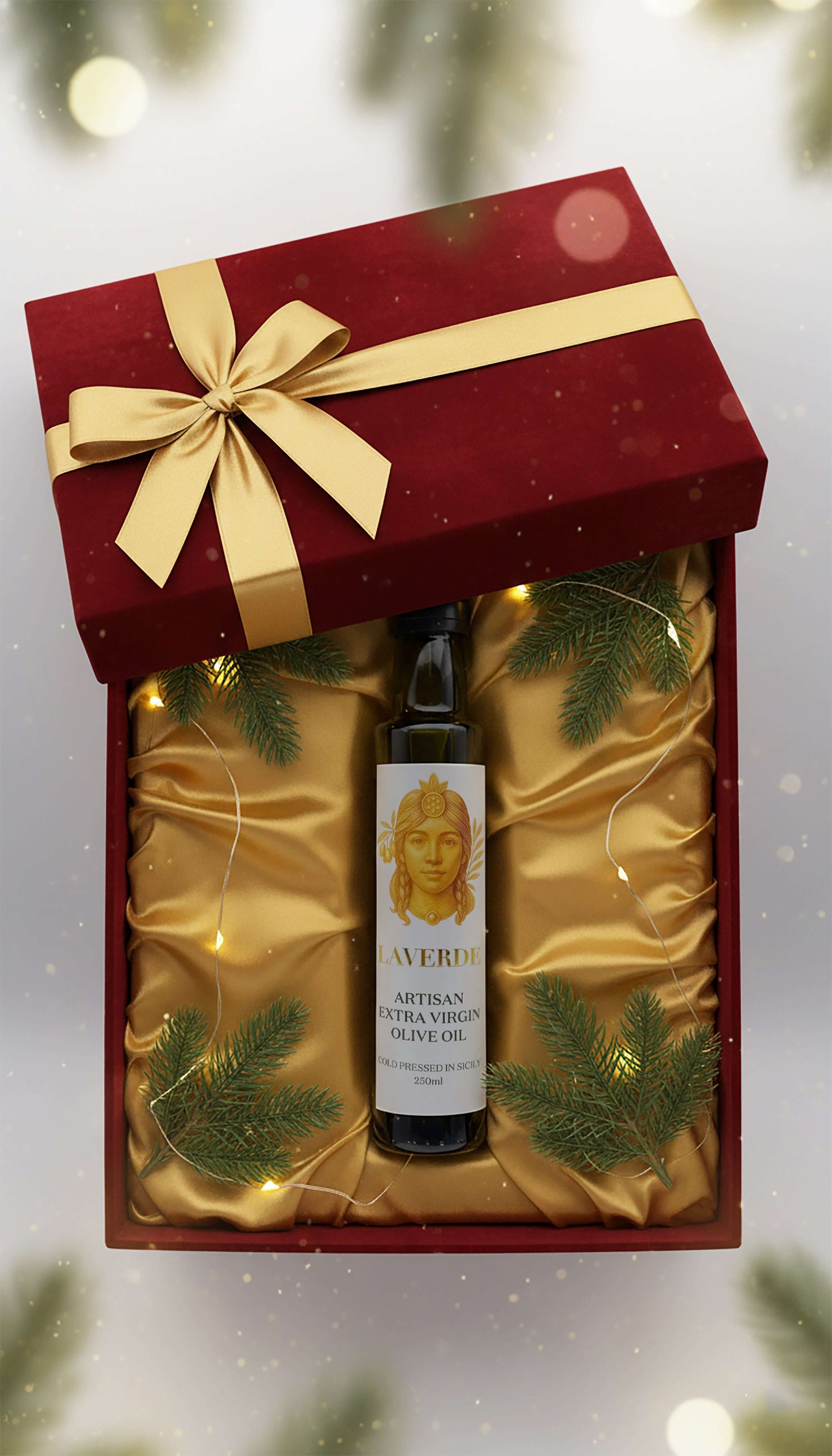 Sicilian Extra Virgin Olive Oil 250ml Christmas gift box — Laverde Artisan cold-pressed Sicilian EVOO presented in a festive premium package, ideal for holiday hampers and gourmet gifting.