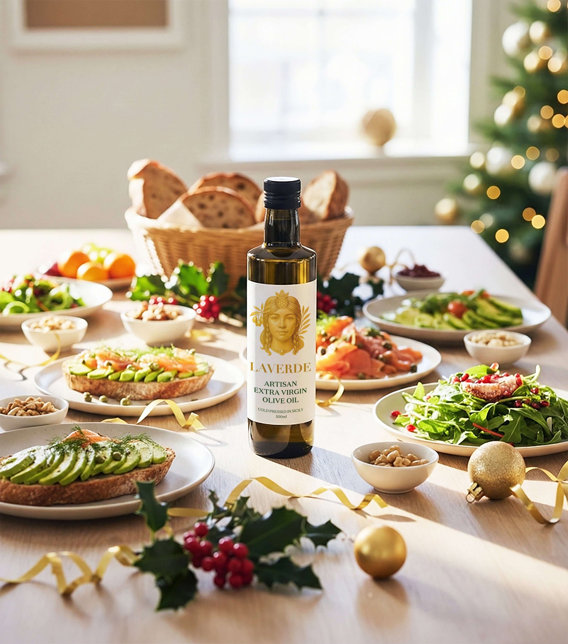 Sicilian Extra Virgin Olive Oil 500ml on a festive Christmas table — Laverde Artisan cold-pressed Sicilian EVOO placed among salads and holiday dishes as the centrepiece of the scene.