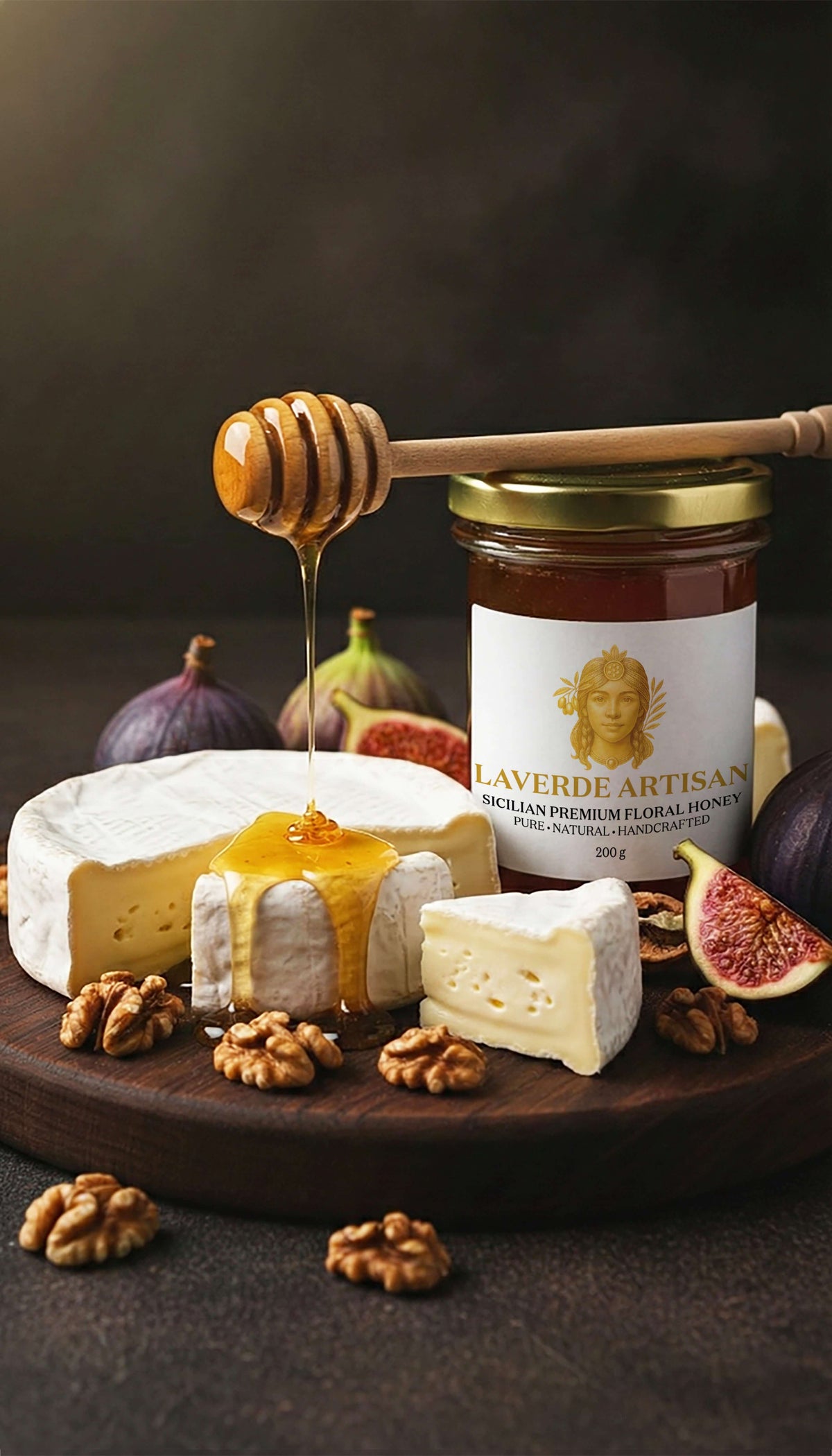 Raw Sicilian Honey 200g drizzled over cheese with figs and walnuts — LAVERDE Artisan pure unfiltered Sicilian multifloral honey on a wooden board, premium cheese-board pairing.