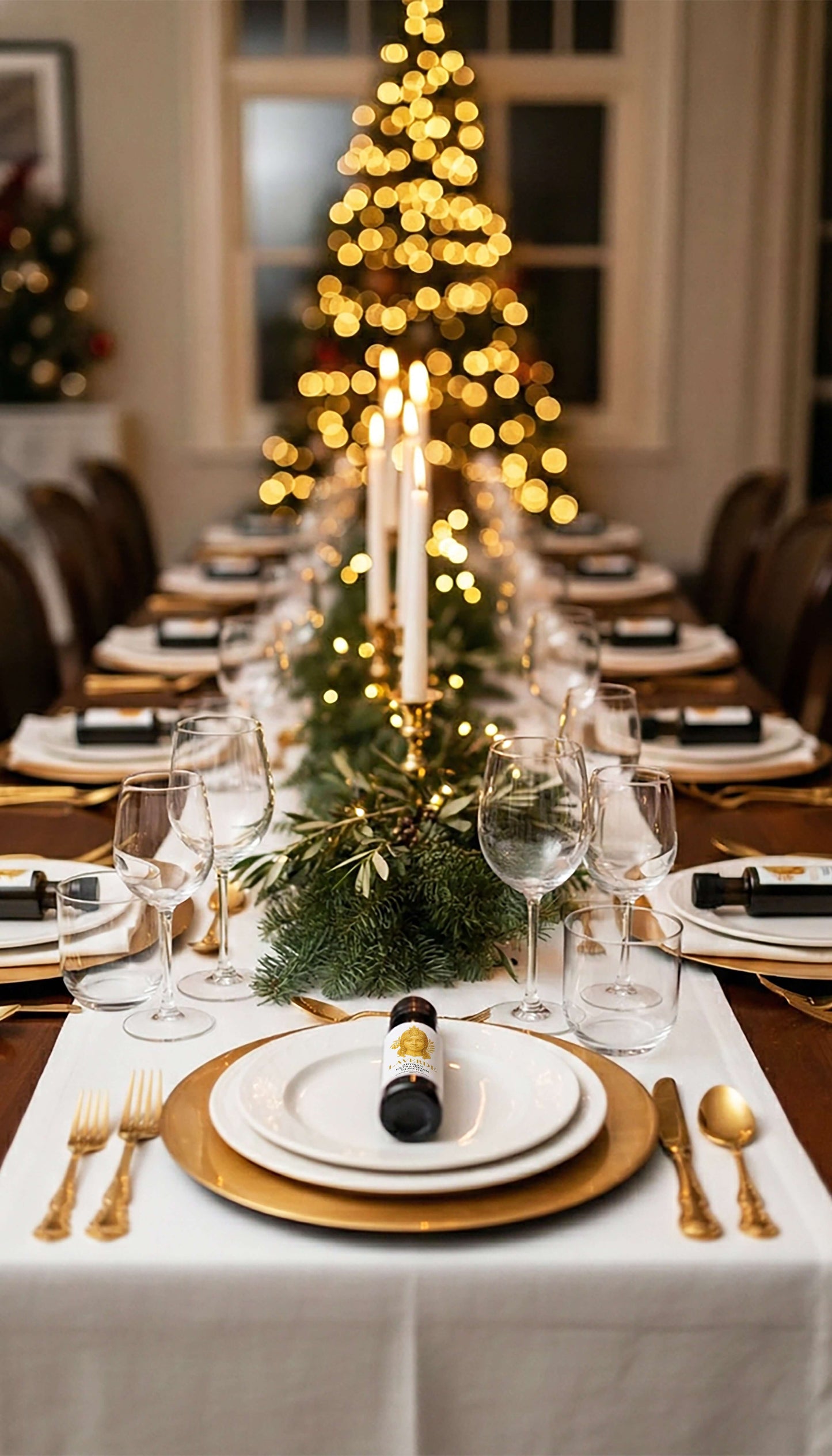 Mini Extra Virgin Olive Oil 100ml on elegant Christmas dining table — Laverde Artisan Sicilian cold-pressed EVOO placed at each seat, perfect for festive dinners and individual gourmet use.