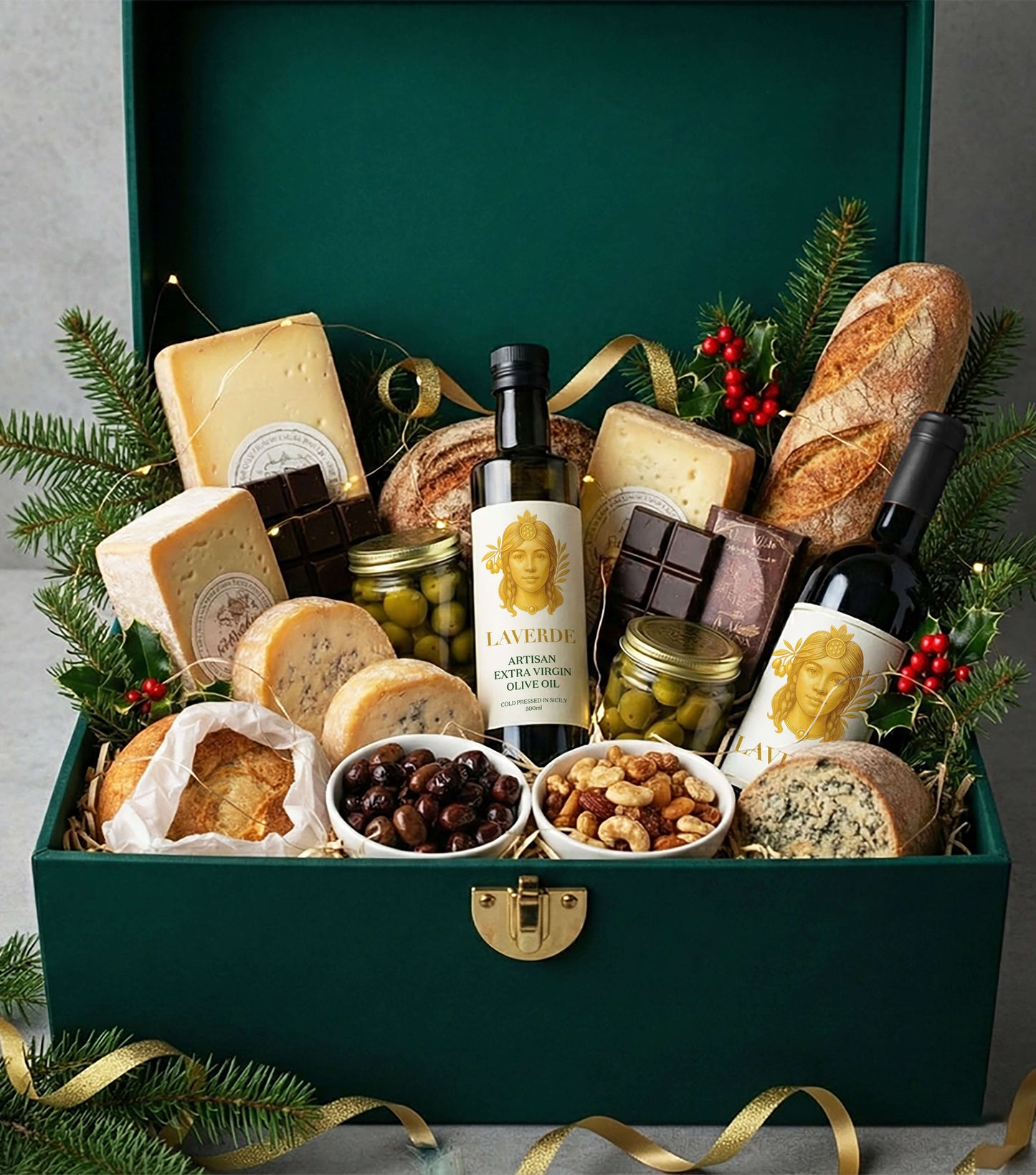 Sicilian Extra Virgin Olive Oil 500ml in a festive gourmet hamper — Laverde Artisan cold-pressed Sicilian EVOO paired with bread, cheeses and wine, the perfect combination for Christmas gifting.