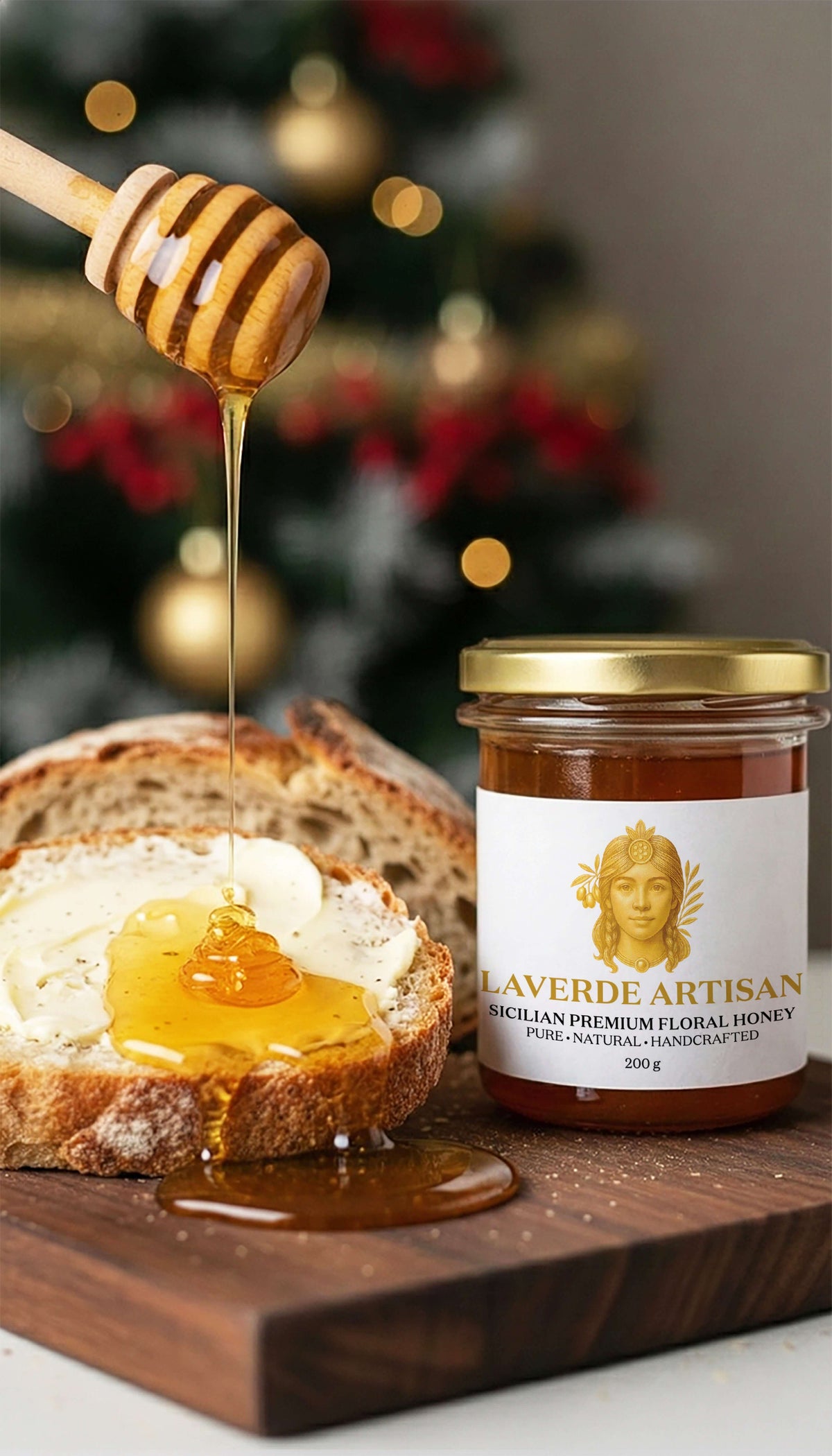 LAVERDE raw Sicilian honey 200g with festive Christmas decor — unfiltered single-estate honey ideal for cheese boards and holiday entertaining