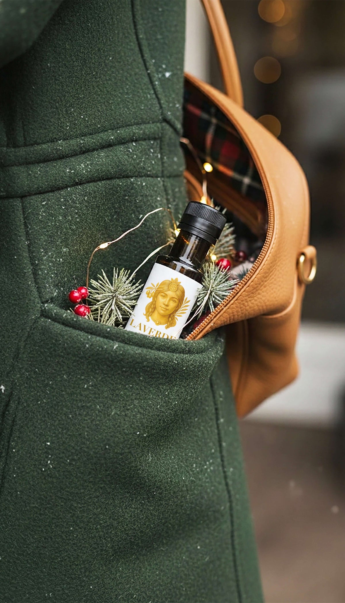 LAVERDE 100ml mini Sicilian extra virgin olive oil in a festive Christmas setting — premium cold-pressed EVOO travel-size for holiday gifting