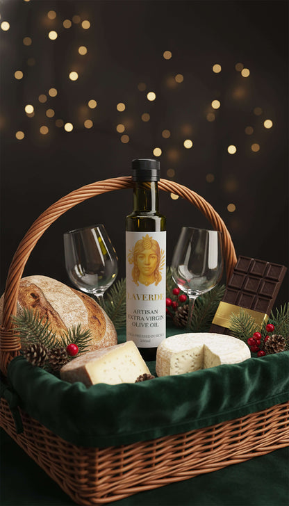 Sicilian Extra Virgin Olive Oil 250ml in a festive basket with cheese, bread, wine glasses, and chocolate.