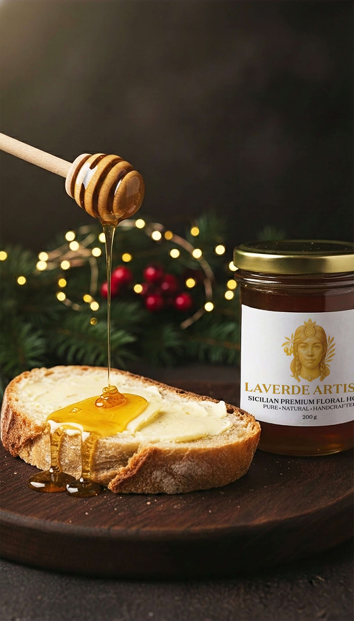 LAVERDE raw Sicilian honey 200g paired with bread and cheese — unfiltered multifloral honey from central Sicily for premium gourmet pairings