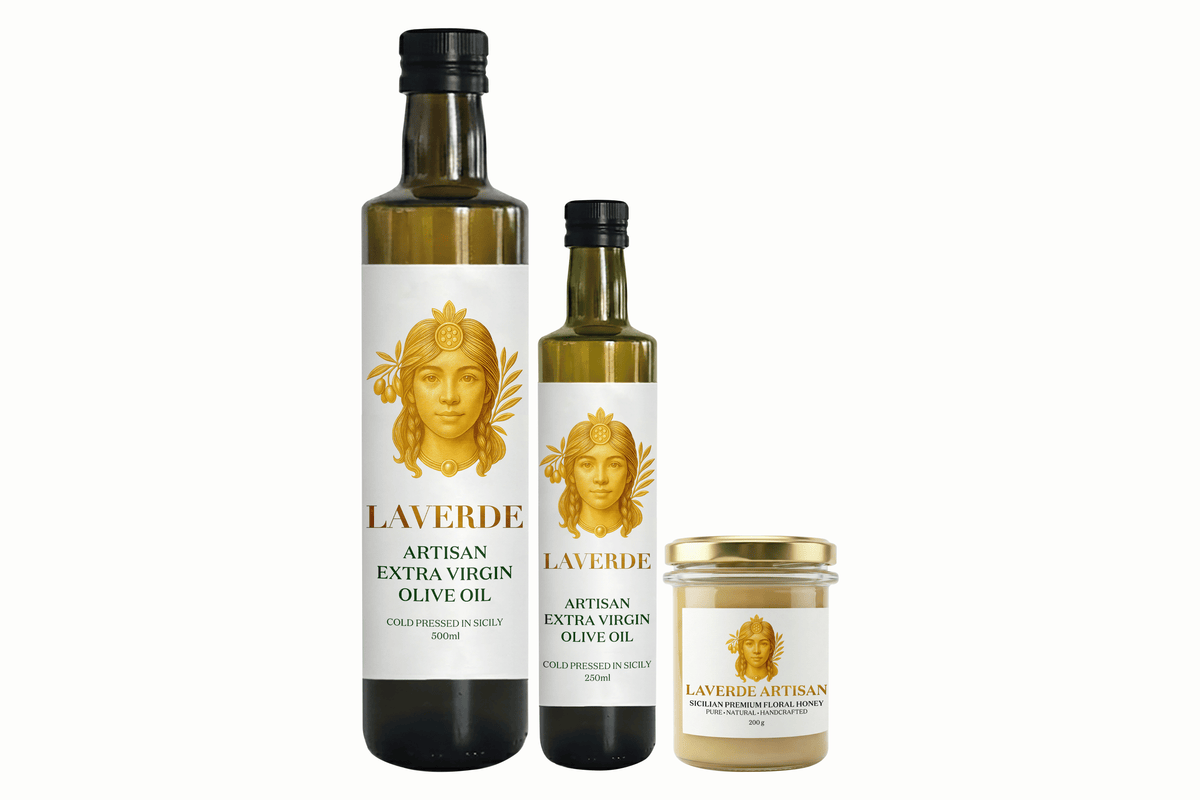 LAVERDE Premium Pantry Bundle — 250ml plus 500ml Sicilian extra virgin olive oil and 200g raw Sicilian floral honey, generous premium gift set for serious cooks and pantry upgrades