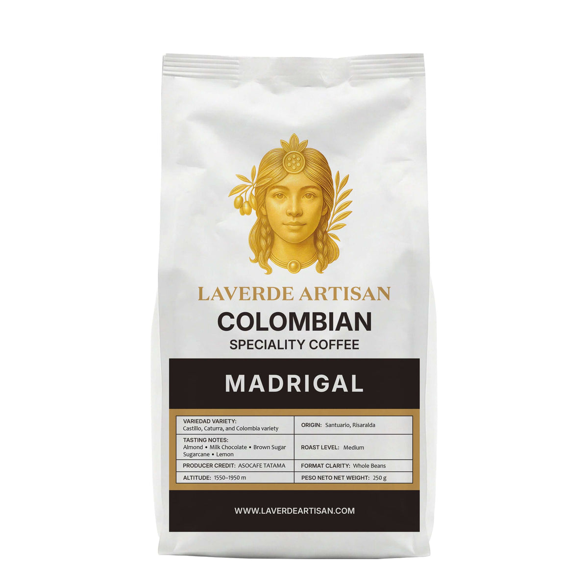 LAVERDE ARTISAN Madrigal Colombian specialty coffee whole beans 250g — washed single-origin Colombian coffee from Risaralda with brown sugar, almond and milk chocolate notes, 85+ SCA score
