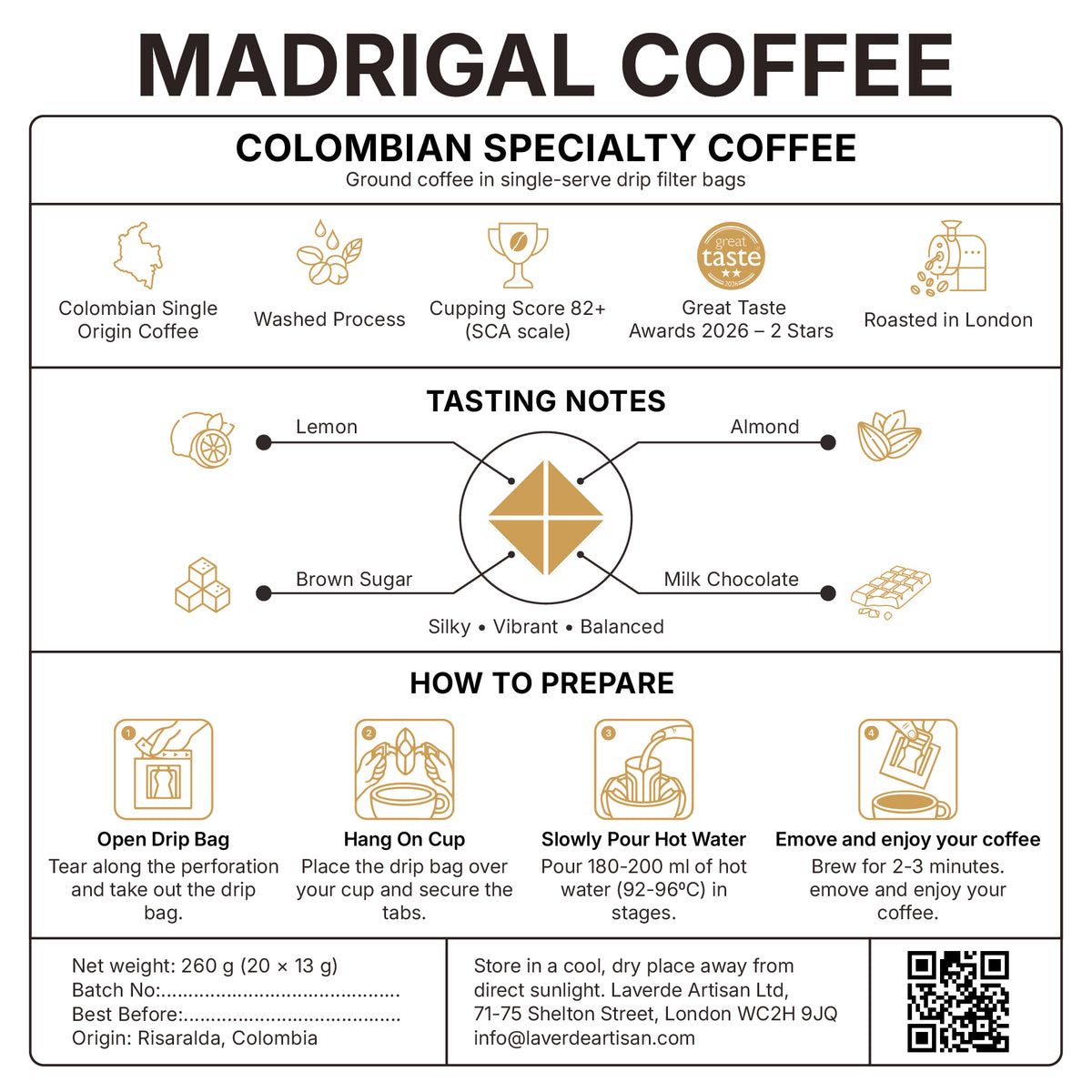 Colombian Specialty Coffee Drip Bags – 20 × 13g Single-Serve Pour Over | Madrigal | Laverde Artisan