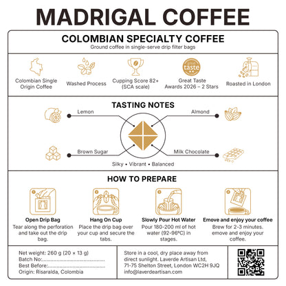 Colombian Specialty Coffee Drip Bags – 20 × 13g Single-Serve Pour Over | Madrigal | Laverde Artisan