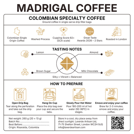 Colombian Specialty Coffee Drip Bags – 20 × 13g Single-Serve Pour Over | Madrigal | Laverde Artisan