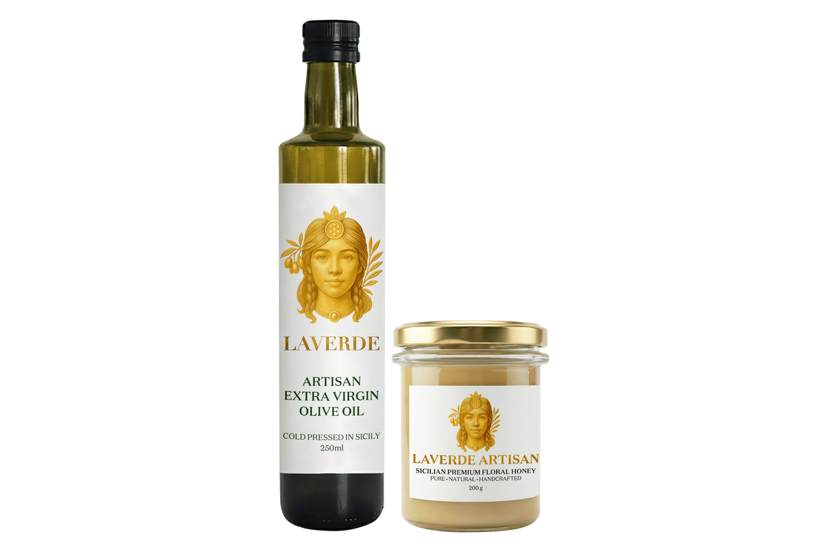 LAVERDE Mediterranean Essentials gift set — 250ml Sicilian extra virgin olive oil and 200g raw Sicilian floral honey, refined Mediterranean pairing for premium gifting and everyday use