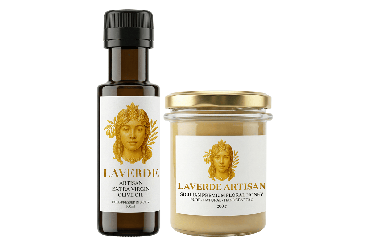 LAVERDE Mini Essentials Duo — 100ml Sicilian extra virgin olive oil and 200g raw Sicilian floral honey, compact premium gift bundle perfect for travel, tasting and small gifts