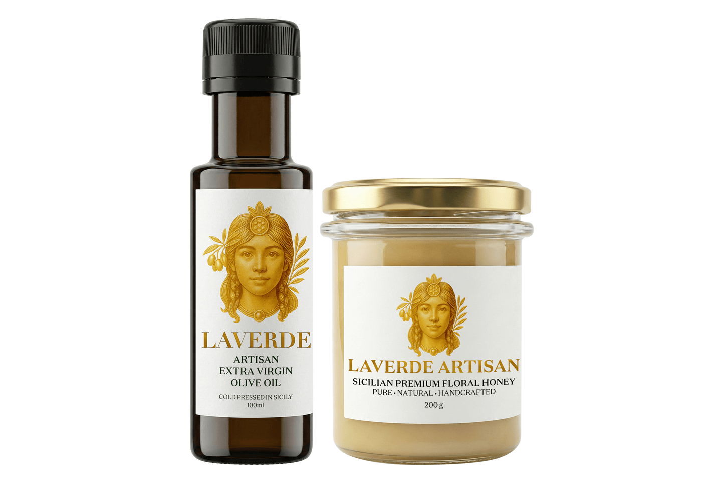 LAVERDE Mini Essentials Duo — 100ml Sicilian extra virgin olive oil and 200g raw Sicilian floral honey, compact premium gift bundle perfect for travel, tasting and small gifts