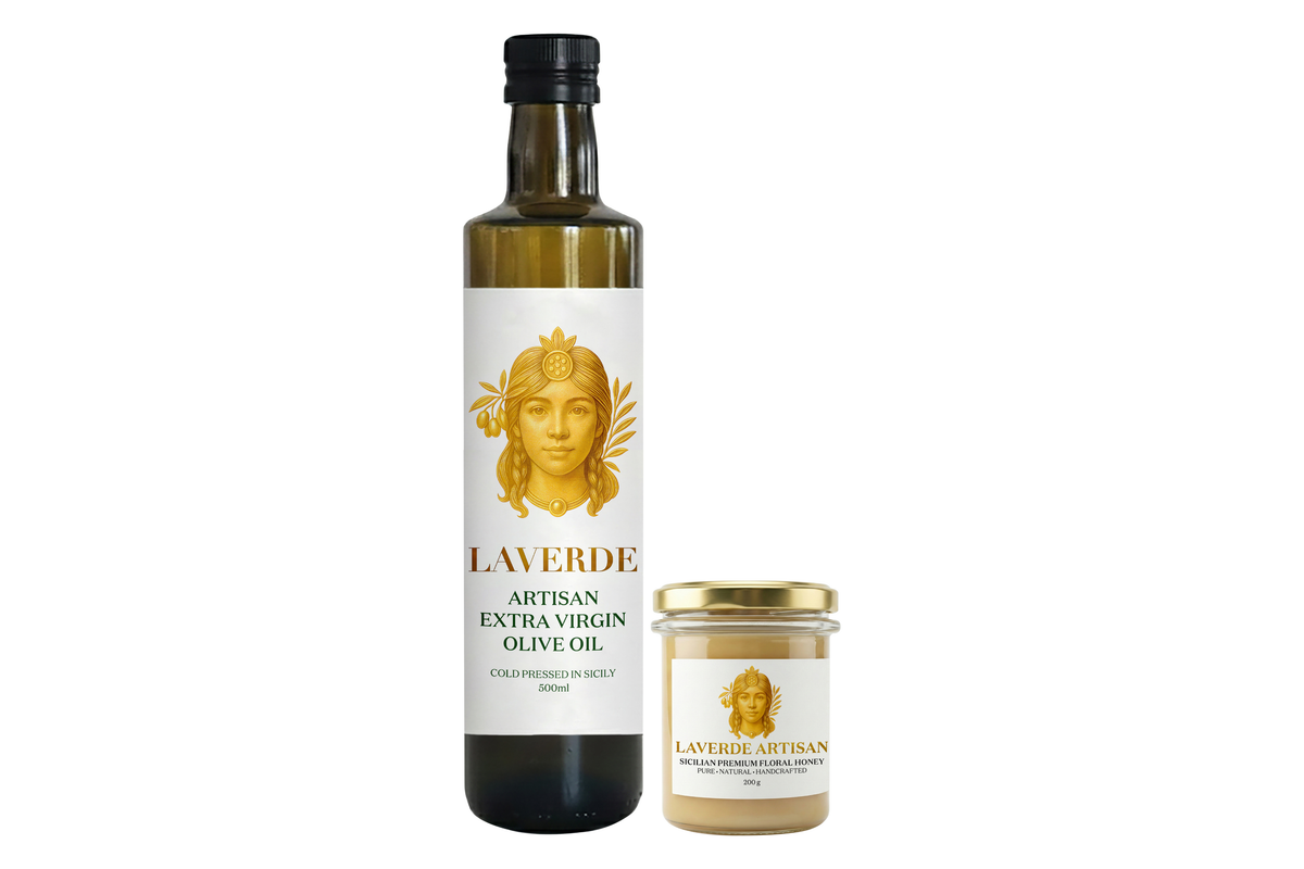 LAVERDE Sicilian Pantry gift bundle — 500ml Sicilian extra virgin olive oil paired with 200g raw multifloral honey, premium Sicilian pantry essentials in one set