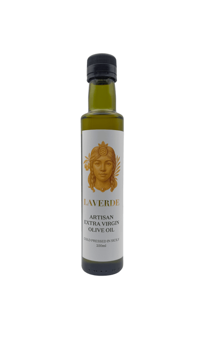 Sicilian Extra Virgin Olive Oil 250ml bottle — Laverde Artisan cold-pressed single-estate Sicilian EVOO, premium flavour ideal for gourmet cooking and gifting.